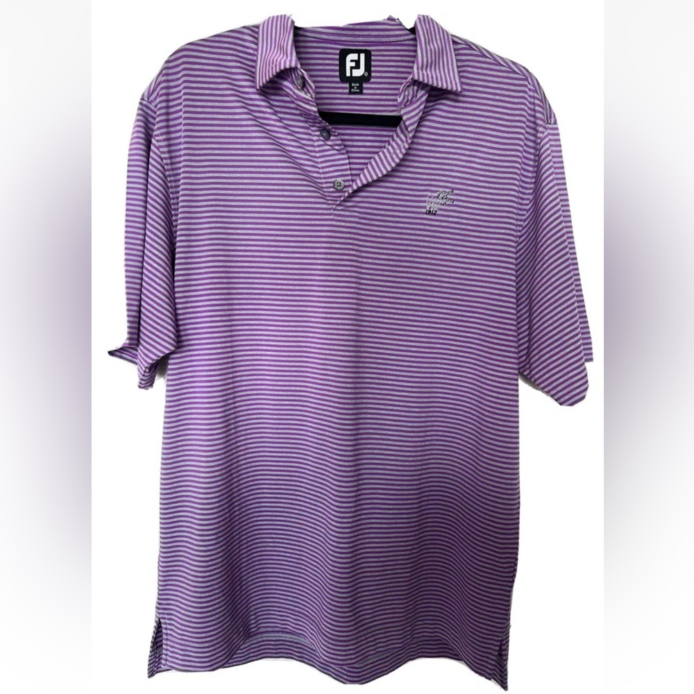 FootJoy FJ Men's SZ L Golf Polo Shirt Collared Purple Grey Stripe 1912 Logo
